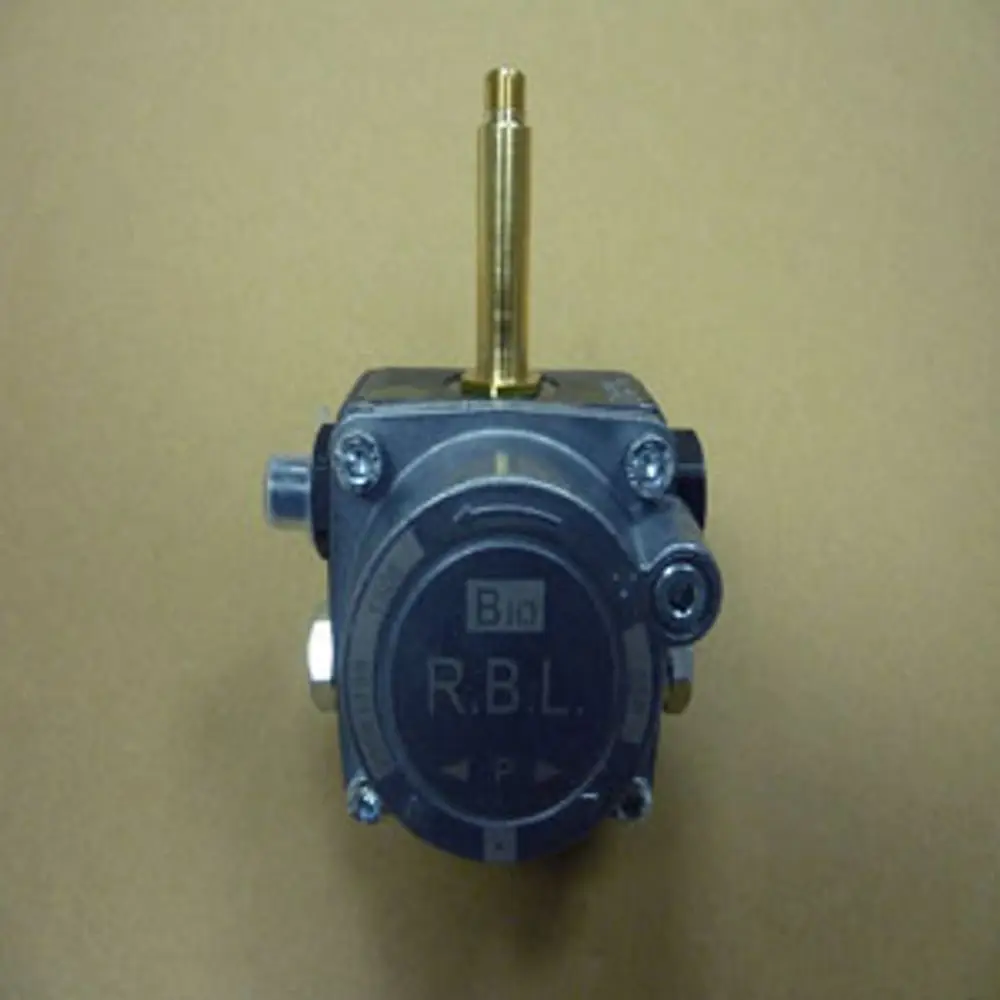 Pumpe von Remeha mit einem grauen Gehäuse, einer goldenen Verbindung und mehreren Anschlüssen zur Fluidleitung. Klarer Fokus auf die Pumpenbauteile.